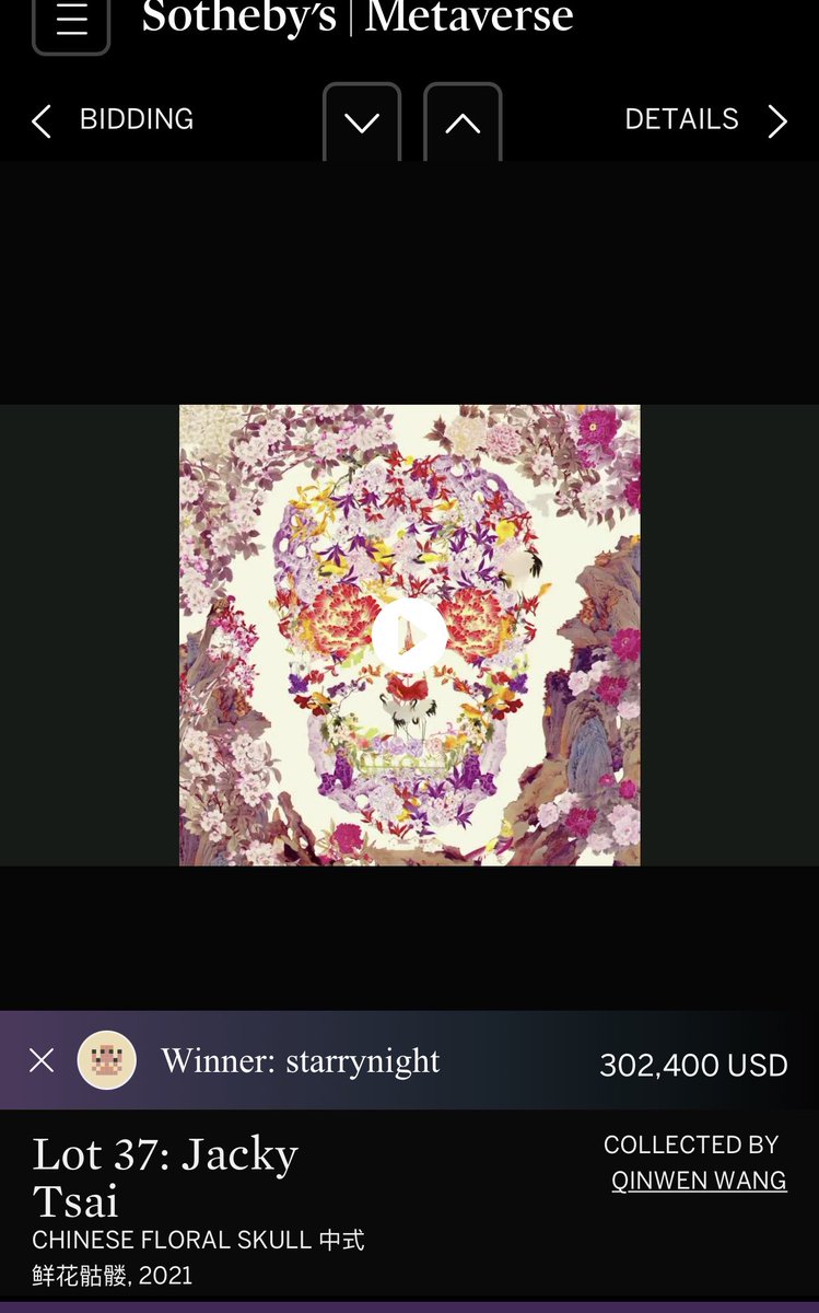 Chinese Floral Skull, an iconic art from Jacky Tsai, empowered by our NFT technology, were sold at <a href="/Sothebysverse/">Sotheby's Metaverse</a> at 302.4K USD to Starrynight after heated bidding! Record set for Chinese Contemporary artist’s NFT at international auction house! Congrats <a href="/Jackytsai/">Jacky Tsai</a> let’s do more!