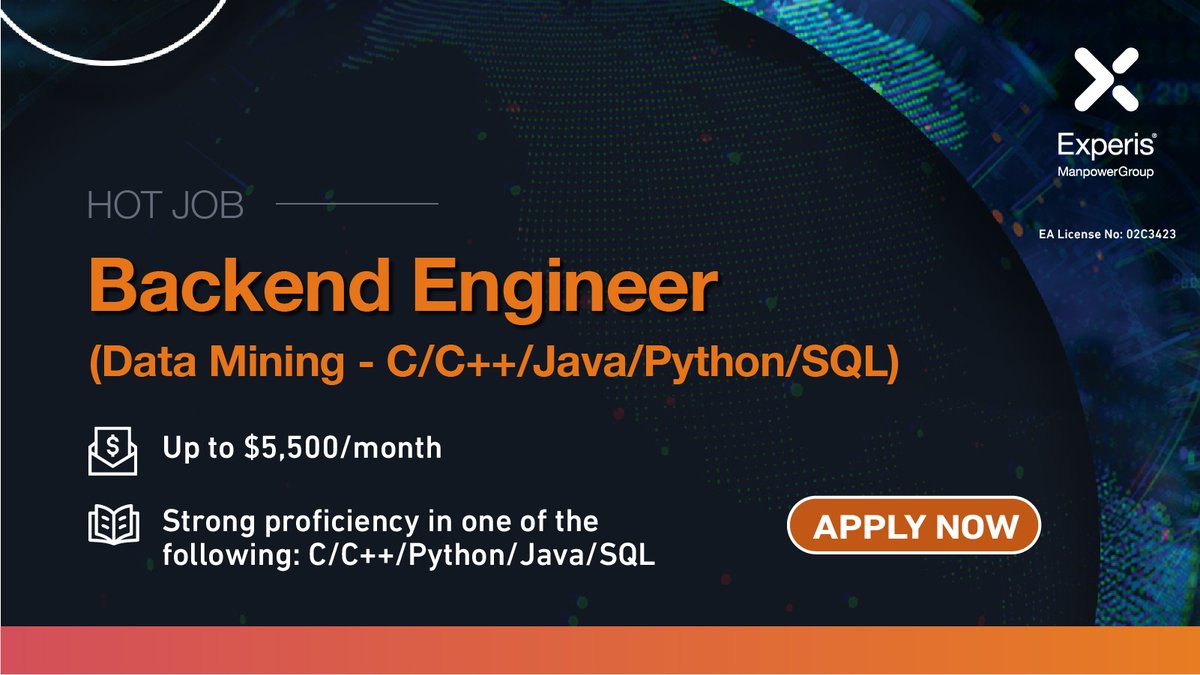ExperisSG's tweet photo. Backend Engineer (Data Mining - C/C++/Java/Python/SQL) | Experience in AI compiler development | More Info/To Apply:
https://t.co/UNiR3c4mOZ
#ExperisJobs #hiring #jobsearch #ITjobs #techjobs #bigdata #hotjobs #IT #techrecruitiment #applynow #ITengineer #backendengineer https://t.co/hVOc7Hf7bT