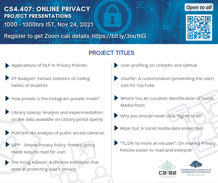 #Virtual #Project #Presentation #Online #Privacy #CS4407 👌🏽👌🏽 projects by <a href="/iiit_hyderabad/">IIIT Hyderabad</a> students. Nov 24, 1000hrs IST. Please join and help spread the word. Facebook event: facebook.com/events/4497159…