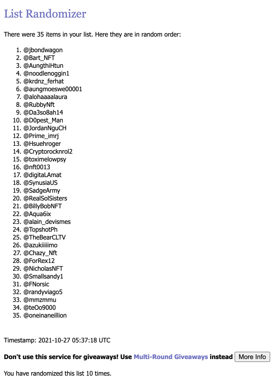 TheNFTStreet's tweet photo. First and last number from the randomized list wins! Congrats @jbondwagon and @oneinaneillion ! Will send you guys a DM. 😄 https://t.co/sf0TBz1psS