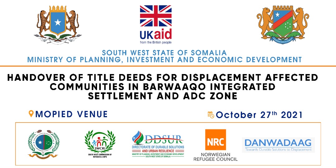 We are honoured and privileged to be part of the issuance of title deeds to Displacement Affected Communities (DACs) in Barawaqo Integrated Settlement and ADC Zone with @UKaid @MoPIED_Somalia @directorate_sws @Abdulka24316187 @IOM_Somalia @NRC_EAY #TenureSecurity (1/6)