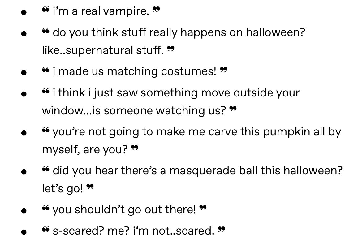 halloween/fall starter prompts.

    ♡ for a randomised starter.
    ↻ to spread the word <3

    may be selective. 
    feel free to respond at any length you wish.