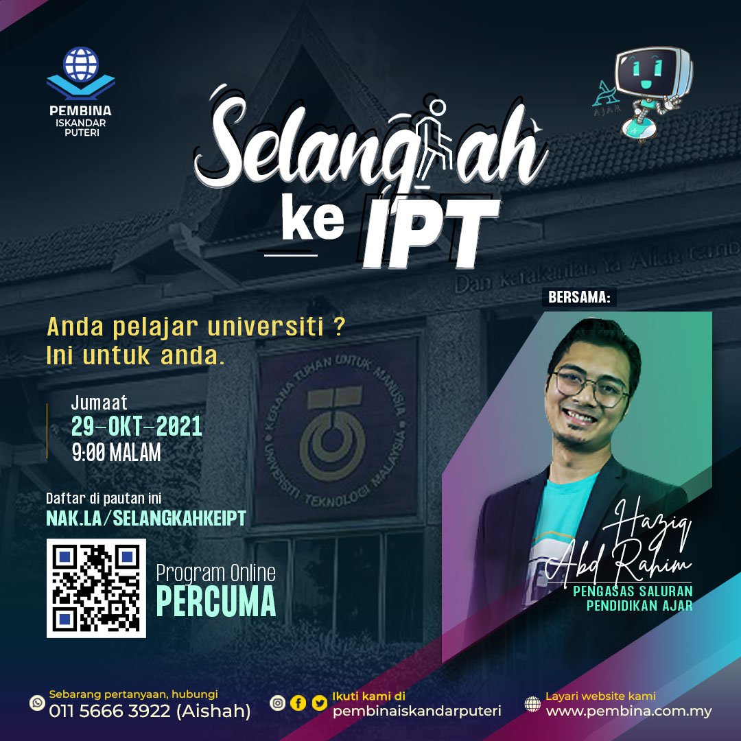 pembinaip's tweet photo. SERONOK DAPAT SAMBUNG BELAJAR, TAPI TAKUT TAK BOLEH SURVIVE DENGAN DUNIA KAMPUS?
====

2 HARI LAGI (29 Okt)!

Program Online PERCUMA,
📣 Selangkah ke IPT
📣 9.00 - 11.00 malam
📣 https://t.co/jEEeUnHBma

TERBUKA KEPADA SEMUA. https://t.co/bYFKo4N4Y9