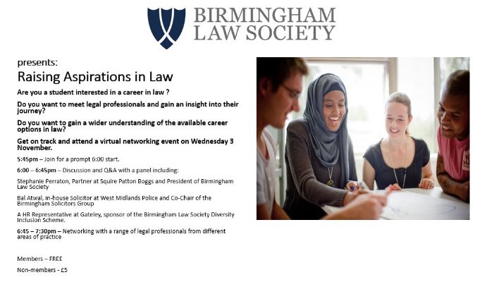 BhamSolsGroup's tweet image. Raising Aspirations in Law 

@BhamLawSociety are hosting a fantastic virtual event for aspiring lawyers! 

Our Co-Chair @TheBalAtwal and Partner Stephanie Perraton of @SPB_Global will be sharing their insight and experience!

Sign up by emailing: events@birminghamlawsociety.co.uk