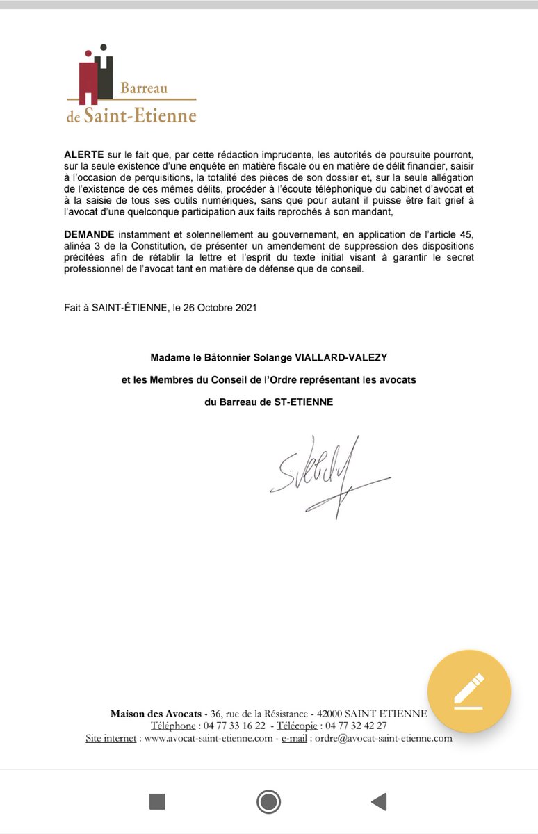 Barreau SAINT-ETIENNE (@avocatsverts) on Twitter photo Le Barreau de Saint-Etienne exprime sa ferme opposition au texte portant atteinte au #secretprofessionnel. Notre secret est garant de l'état de droit et doit être défendu ! <a href="/CNBarreaux/">Conseil national des barreaux - les avocats</a> <a href="/Conf_Batonniers/">ConférenceBâtonniers</a> <a href="/E_DupondM/">Eric Dupond-Moretti</a> <a href="/justice_gouv/">Ministère de la Justice</a> <a href="/Cobra15barreaux/">Cobra</a> Le Barreau de Saint-Etienne exprime sa ferme opposition au texte portant atteinte au #secretprofessionnel. Notre secret est garant de l'état de droit et doit être défendu ! <a href="/CNBarreaux/">Conseil national des barreaux - les avocats</a> <a href="/Conf_Batonniers/">ConférenceBâtonniers</a> <a href="/E_DupondM/">Eric Dupond-Moretti</a> <a href="/justice_gouv/">Ministère de la Justice</a> <a href="/Cobra15barreaux/">Cobra</a>