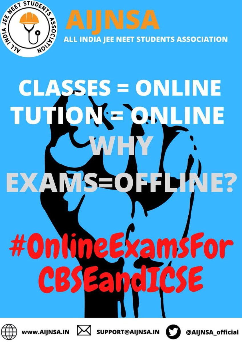 AIJNSA_official's tweet photo. 1. Discrimination between ICSE and CBSE students with the same batch 
2. Health should be prioritized first
3. Students not vaccinated yet
4. Students should not be forced during this pandemic as it is a matter of their health
#OnlineExamsForCBSEandICSE #GoHybridCBSEandICSE https://t.co/FtB1Fe2zpN