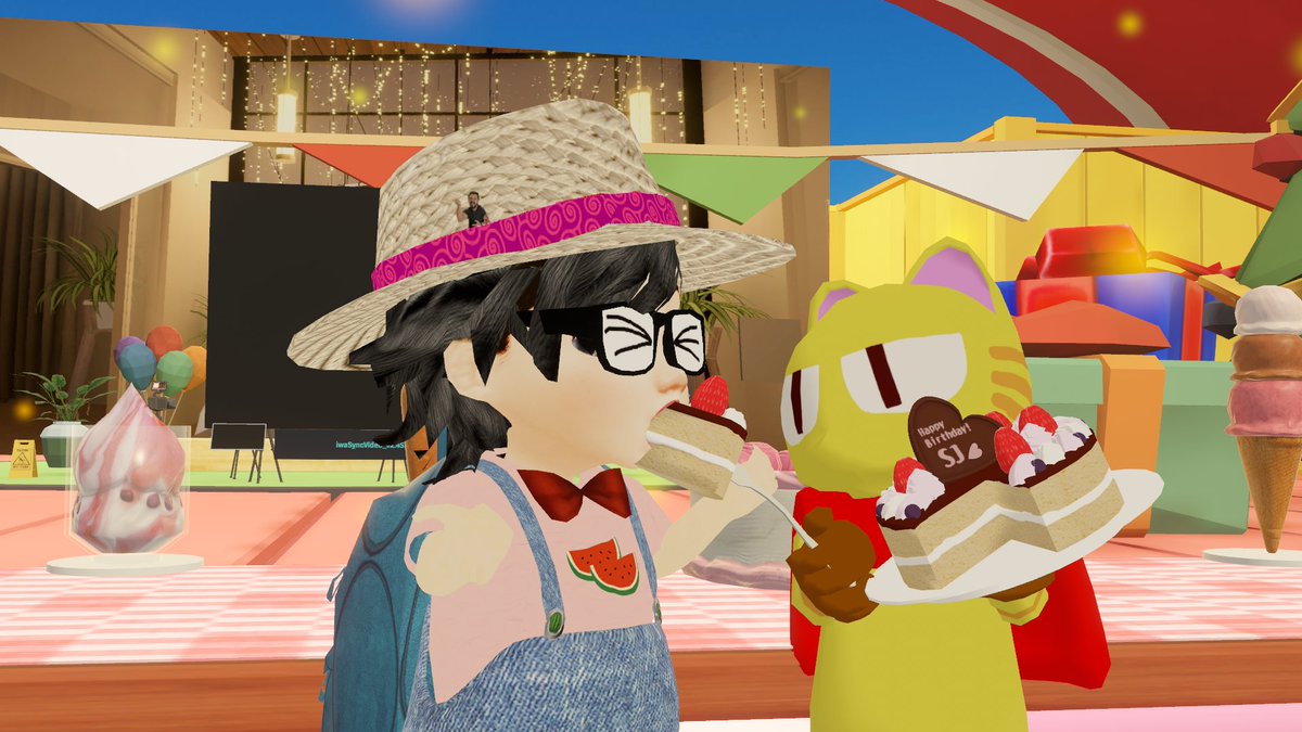 SherryJ25's tweet image. [VRの誕生日会で撮った写真]🎂
たくさんのケーキがプレゼントされました ありがとうございました!!! ケーキが大好きです。🍰😍😋ありがとうございました！@solla47762744 @nekomantle @Akaneko99999 @OculusTan
#スイカちゃんの誕生日
#TSKitchen #タナベ夫婦
#スイカちゃんの日記　
#VRC #VRBirthday