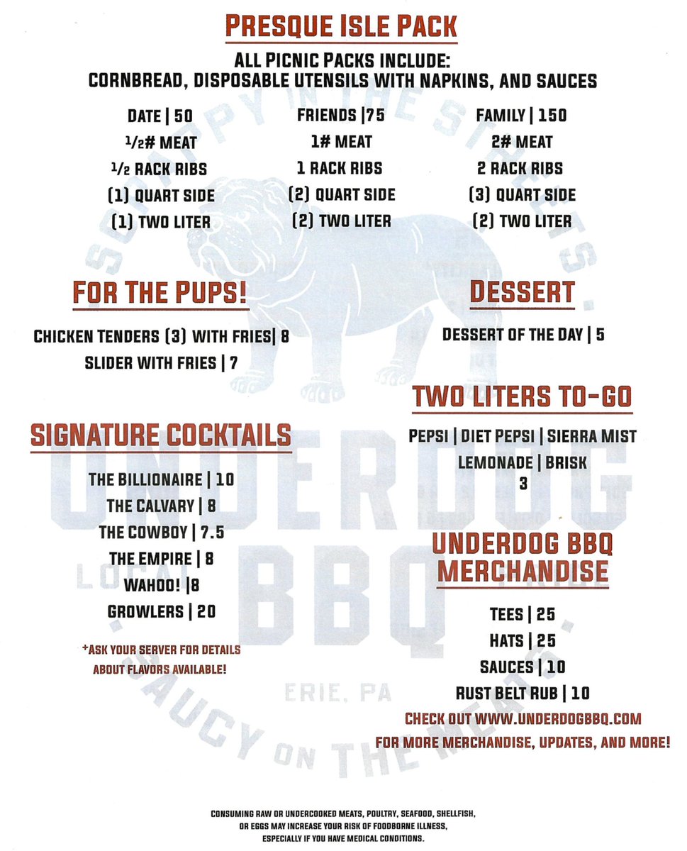 Underdog_BBQ's tweet photo. When was the last time you took a look at our menu? 👀 🍽️ We update it often so some items are subject to change. Pick what sounds good and stop by or order online at https://t.co/5GJDoBtEUR https://t.co/IZhdhtXPtL