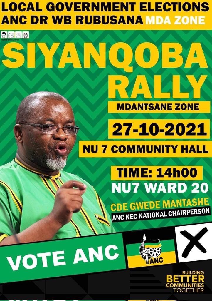 ANC National Chairperson Cde Gwede Mantashe  today is heading to Buffalo City Metro to address  Siyanqona Rally of  Mdantsane Zone, Dr W.B Rubusana Region to mobilize ANC members to #VoteANC
in the upcoming #LGE2021 <a href="/MYANC/">ANC - African National Congress</a>
<a href="/ANCParliament/">ANC Parliament</a> 
<a href="/DavidNathi/">Nathi Shabangu</a> 
<a href="/Jamilogy/">Ayanda Jam</a>
<a href="/tassarawilson/">Tasara W Makamure 🇿🇼🇿🇦</a>