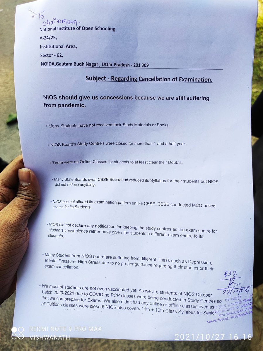 AIJNSA_official's tweet photo. A representation was submitted At @niostwit office for
#CancelOctoberExam2021. Students concerns are genuine, they should get a concension. https://t.co/KlmCHNpJhV