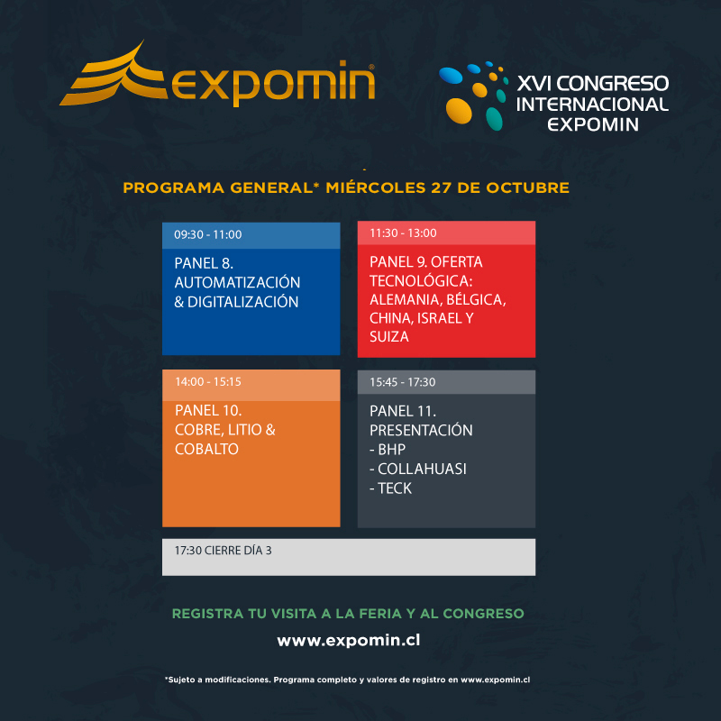 ExpominOFICIAL's tweet photo. ¡Ya estamos listos para dar inicio a una nueva jornada en #Expomin2021!
Revisa acá el programa general de hoy, en el marco del congreso Internacional.

Si aún no te inscribes, ingresa al link de registro https://t.co/oRPycs0ieU https://t.co/DgSIiVg4VG
