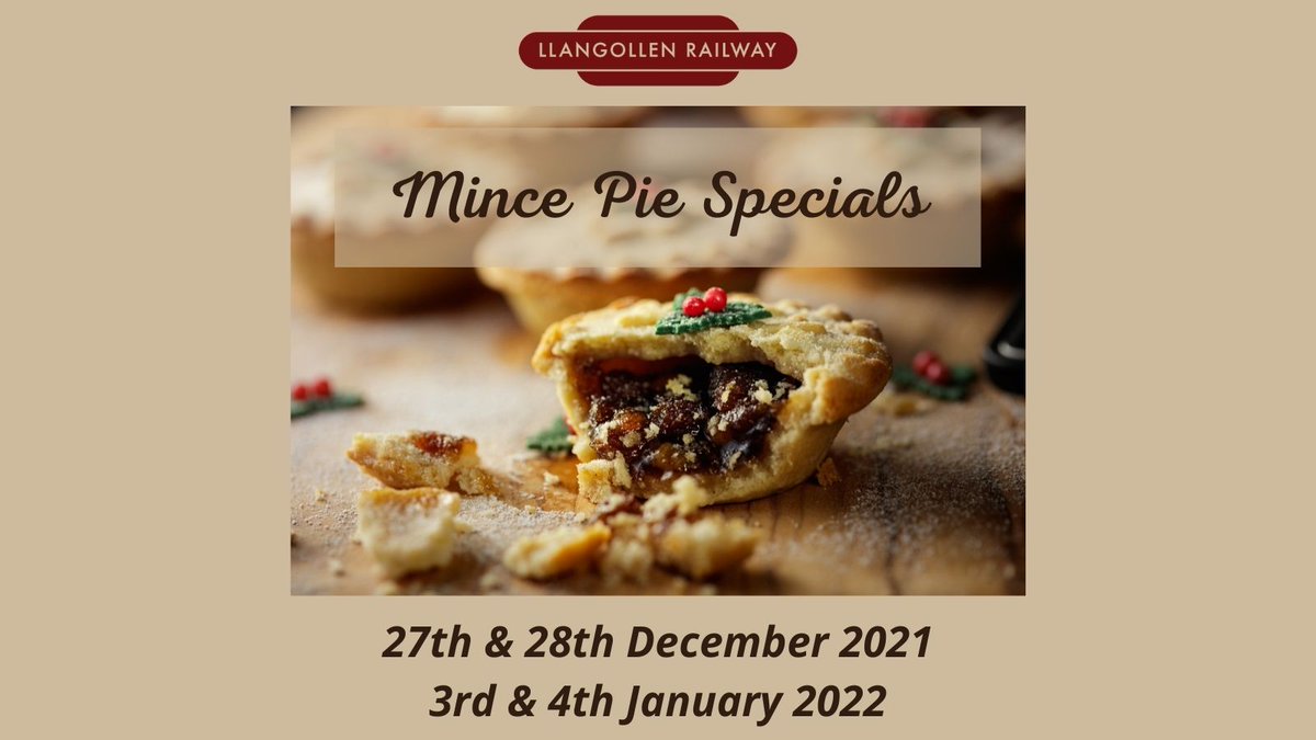 Tickets are on sale for the Mince Pie Specials running on the 27th & 28th Dec and 3rd & 4th Jan 2022. Admire the beautiful Dee Valley in our specially decorated carriages whilst enjoying a mince pie. Tickets can be booked at llangollen-railway.co.uk/mince-pie-spec… #visitwales #mincepiespecial