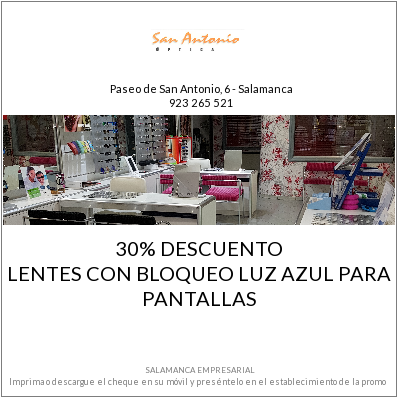 SaEmpresarial's tweet photo. Cheque promocional de Óptica San Antonio  en https://t.co/Z1pAKeWvbV
30 % de descuento en lentes con bloqueo azul para pantallas.
¡¡¡Descarga el cheque y ahorra!!!
#salamancaempresarial #promocionesalamanca  #compraensalamanca #comerciodesalamanca #salamanca https://t.co/csq2dlRhPa