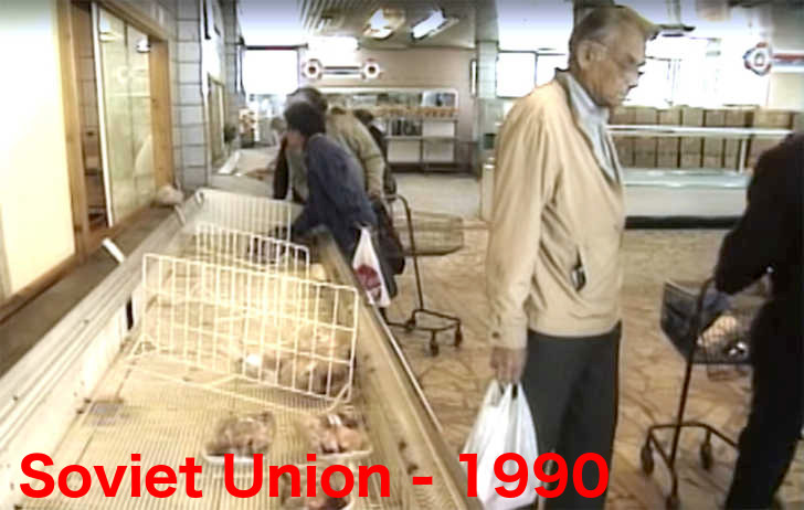 US stores are doing their best to tackle empty shelves amid the supply chain crisis. Retailers are stacking single lines of products in some places. Where has this been seen in history before?...Right before the fall of the Soviet Union in 1991.