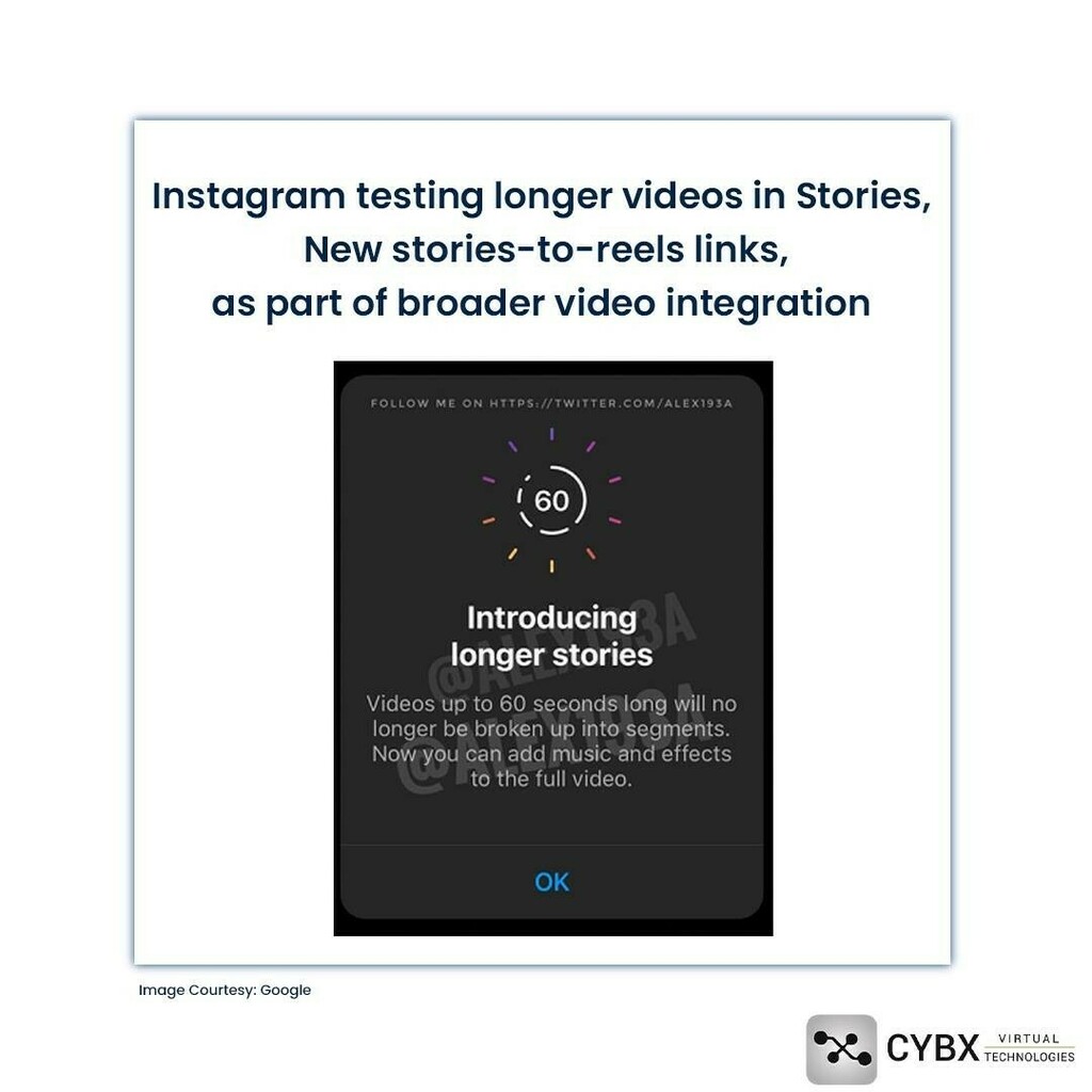 cybxtech_'s tweet photo. In order to maximize user engagement, Instagram is testing new, longer video uploads in Stories, with videos of up to a minute in length, no longer being cut down into smaller chunks. Also you can upload your whole Reel to Stories as well.

.
.
.
.
.
.
#… https://t.co/nvhUVc24Vp https://t.co/B0NMdtqqh1