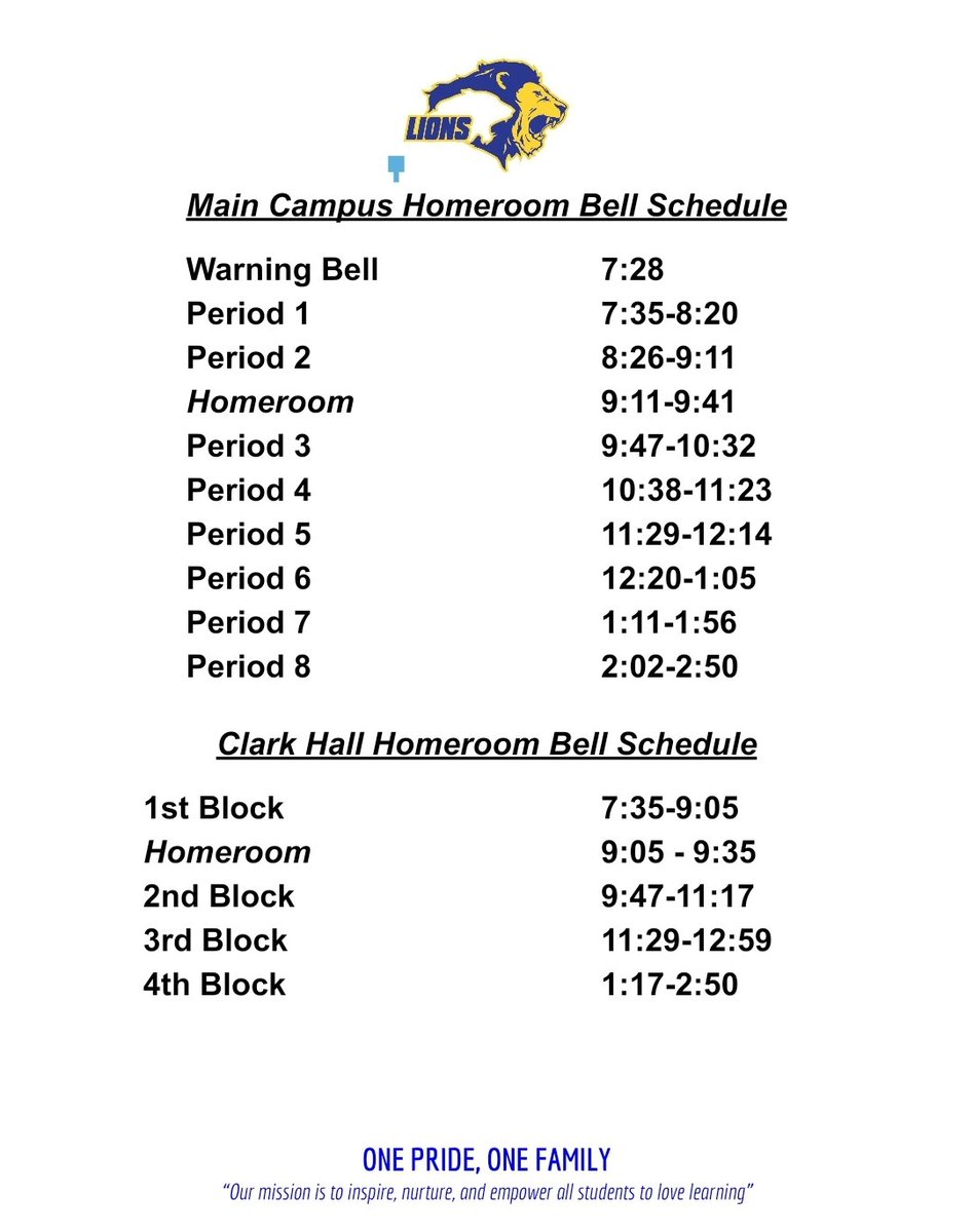 🚨 Reminder 🚨 Homeroom Bell Schedule TODAY! See the image below for the bell schedule. Go Lions!