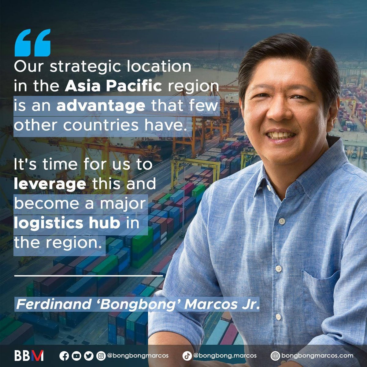 Maraming oportunidad ng pag-unlad ang nag-aabang sa ating bansa sa pagpapaganda ng ating mga seaport, airport at mga riles. 

Sabay sa hamon ng pandemya at mga solusyon ng teknolohiya, maging bahagi tayo ng bukas na masagana!