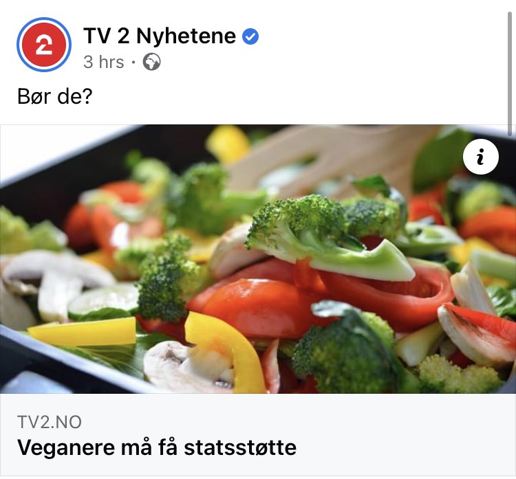 <a href="/vegansamfunnet/">Norsk vegansamfunn</a> som et livssynsamfunn må få statsstøtte <a href="/tv2nyhetene/">Vi har flyttet til @tv2nyheter</a>. Ikke individuelle veganere som dere antyder her. Dere kan med fordel redigere denne ragebait-overskriften deres. Prøv i det minste å bidra til  nærheten av redelig debatt. facebook.com/7679924749/pos…