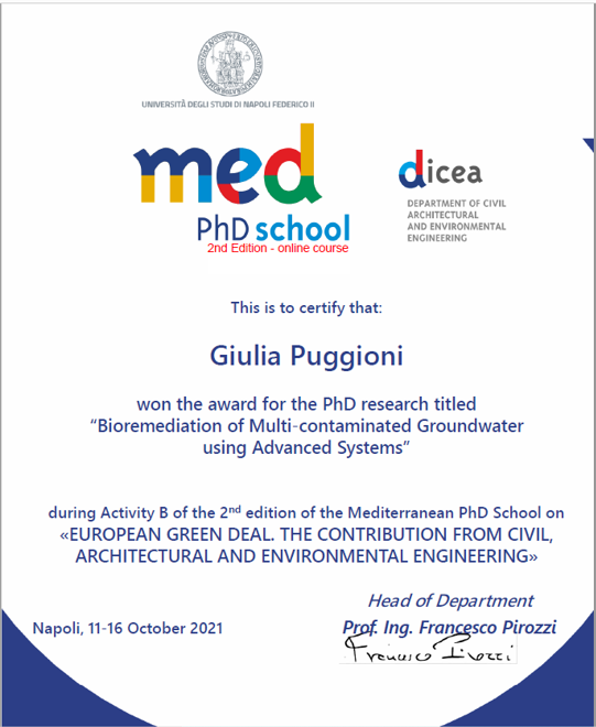 giuli_puggioni's tweet photo. Pleased to have taken part in the 2nd Edition MED School (European Green Deal. The contribution from Civil, Architectural and Environmental Engineering) and to have been awarded for my PhD project: "Bioremediation of multi-contaminated groundwater using advanced systems". 🙌🙌 https://t.co/Y8xtHCL8bF