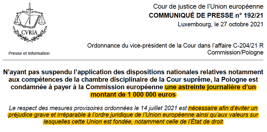 N_Hervieu's tweet photo. Etat de droit en Europe : Pour la 1ère fois à ce sujet, la #CJUE (en référé) condamne la #Pologne à verser une lourde astreinte : Un million d'€ par jour.

Et ce, tant que la Pologne ne suspend pas une mesure contraire à l'indépendance de la justice.

=> https://t.co/ER7Z3dvCFT https://t.co/slKfSF0wYt