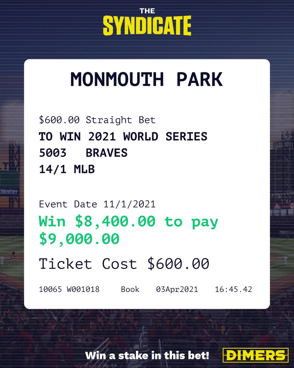DimersCom's tweet image. 🚨 BRAVES GIVEAWAY 🚨

With the Braves 1-0 up, this is your chance to land a 10% stake in our preseason Futures ticket for Atlanta to win the World Series at odds of +1400!

To enter:
💥 Follow @DimersCom 
💥 Retweet this tweet

Winner drawn at random after Game 2.