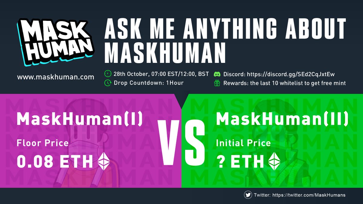MaskHumans's tweet photo. 📢#ASKMEANYTHING
MaskHuman(I) VS MaskHuman(II) 
Floor Price: 0.08 ETH VS Initial Price: ❓ ETH

We will airdrop 10 free #whitelist during the AMA. 

Come join us: https://t.co/BwNcOjoTqV

Lets hold together for this great moment‼️
#NFT #AMA #ethereumNFT https://t.co/FWk4te7Kci
