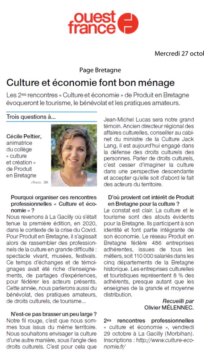 Merci à <a href="/OuestFrance/">Ouest-France</a> et au <a href="/LeTelegramme/">Le Télégramme</a> pour cette mise en avant de la 2e édition de nos rencontres Culture et Économie.Avec la participation de nombreux acteurs culturels bretons.C’est vendredi à <a href="/LaGacillyPhoto/">LaGacillyPhoto</a> .Il reste de places!@produitenbzh <a href="/regionbretagne/">Région Bretagne</a> <a href="/kasimirbisou/">kasimir bisou</a>