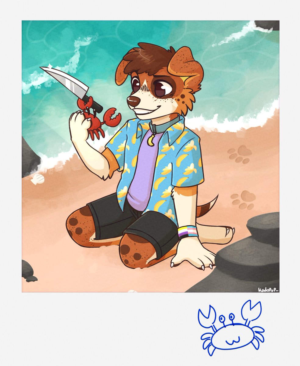Anthropomorphic banana-themed beagle dog sitting on a beach holding a crab with a knife in its claw