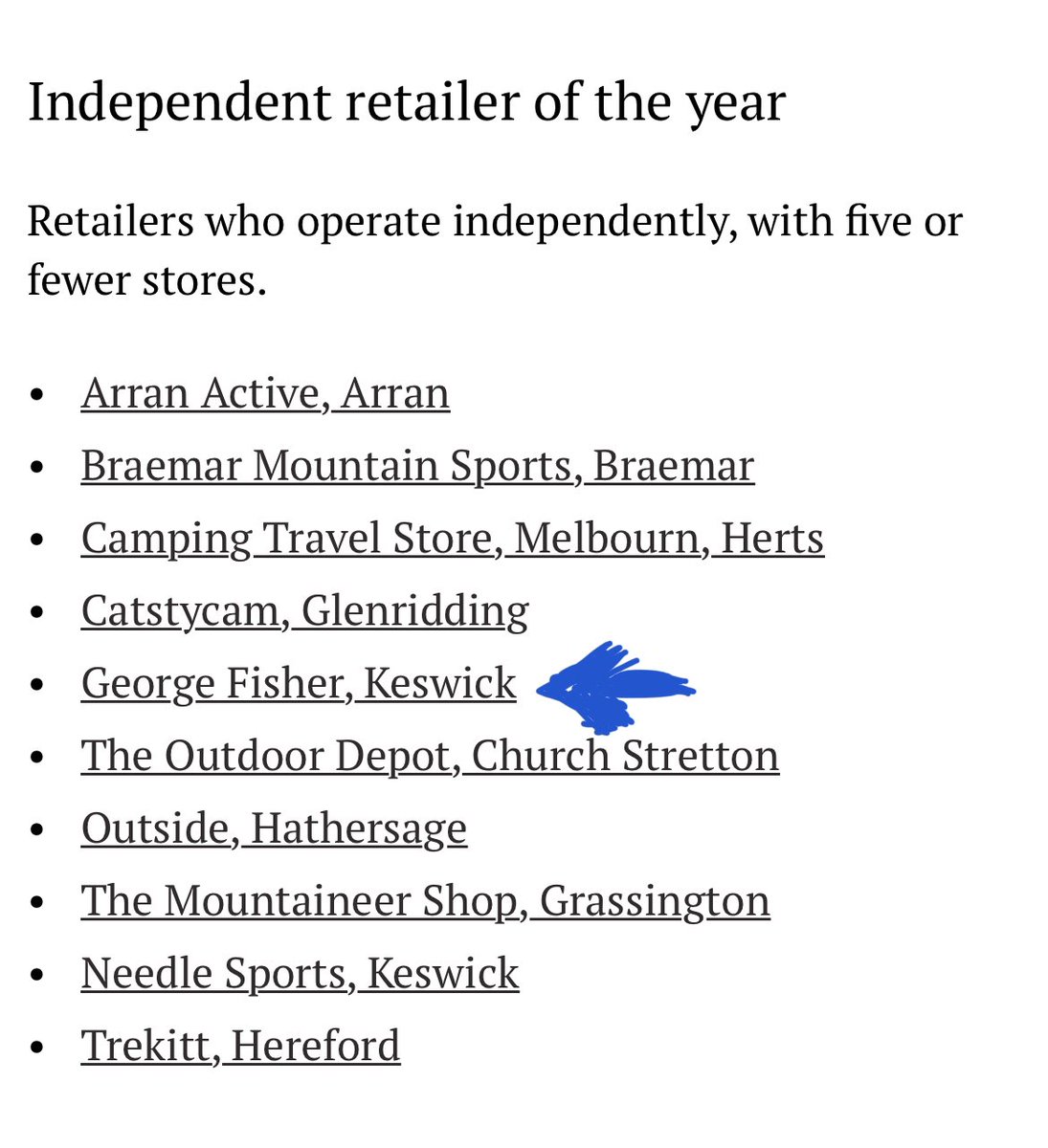 Some great news <a href="/TGOMagazine/">The Great Outdoors</a> have agreed with us that Fishers are NOT an independent shop (they are part of blacks and TISO ‘S) and as such have been removed from the category this award means so much to the retailers involved as it’s voted for by YOU 👍🥾🧡 #Shopindependent