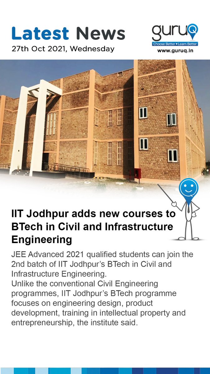 guruqindia's tweet photo. IIT Jodhpur added new courses to BTech.
#IITian_NITian #btech_appliedengineers #Engineering #infrastructure #CivilEngineering #applications #CollegeStudent #college #Admissions2021 #IIT #collegereopen https://t.co/8jOG4c2cwt