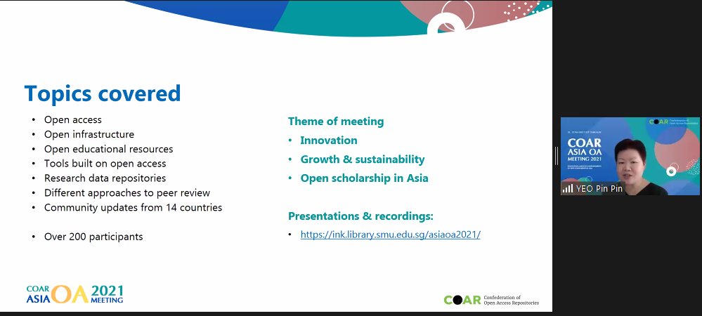 NTU Library (@ntusglibrary) on Twitter photo 3 days, 200+ participants, and very meaningful conversations. It was a great COAR Asia OA Meeting. Thank you to all contributors and attendees.
<a href="/coar_ev/">COAR</a> <a href="/asian_OA/">Asian OA community</a> <a href="/asia_open/">Open Access South Asia</a>
#AsiaOA; #OpenScience #OpenAccess #scholcomm #repositories #OAweek 3 days, 200+ participants, and very meaningful conversations. It was a great COAR Asia OA Meeting. Thank you to all contributors and attendees.
<a href="/coar_ev/">COAR</a> <a href="/asian_OA/">Asian OA community</a> <a href="/asia_open/">Open Access South Asia</a>
#AsiaOA; #OpenScience #OpenAccess #scholcomm #repositories #OAweek