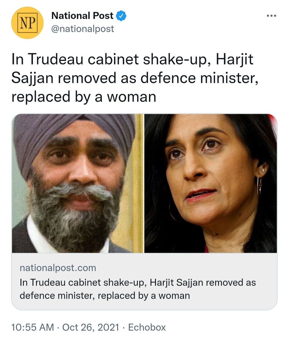 bookaanan's tweet photo. #SayHerName: It's Defence Minister INDIRA ANITA ANAND

In now deleted tweet, @nationalpost, one of Canada's biggest newspaper, referred to @AnitaOakville as "A Woman" who is replacing @HarjitSajjan, whose two terms have been roiled with scandals 😡

#cdnpoli #canada #AnitaAnand https://t.co/5os69g6PGF