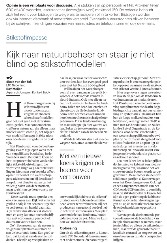 TROUW | Vanochtend verscheen onderstaand artikel in de <a href="/trouw/">Trouw</a>. 📰Voorzitter <a href="/rjemeijer/">Roy Meijer</a> vertelde, samen met <a href="/SjaakVanDerTak/">Sjaak van der Tak</a> meer over #stikstof: "Wie pleit voor emissieloze landbouw houdt iedereen voor de gek, maar we kunnen wel mínder uitstoten." 🤠 👇🏻 #natuurbeheer