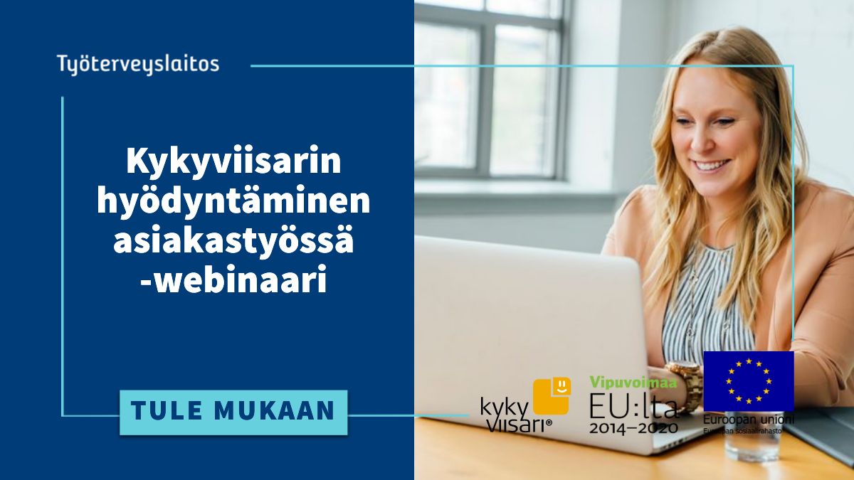 tyoterveys's tweet photo. Hyödynnä Kykyviisaria asiakastyössä entistä tehokkaammin. Käytännönläheinen maksuton webinaari asiakastyötä tekeville 3.11.21 klo 9–10. Neuvot ja vinkit antaa erityisasiantuntija @KUnkila. 

Ilmoittaudu https://t.co/j8LCNkRUbx

#kykyviisari #työkyky https://t.co/NEPCBYdue0
