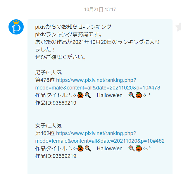 10/20と10/26のランキング入りました🎃🎃🎃
ありがとうございました。
どちらも"女子に人気"に入ったのがかなり謎です。 