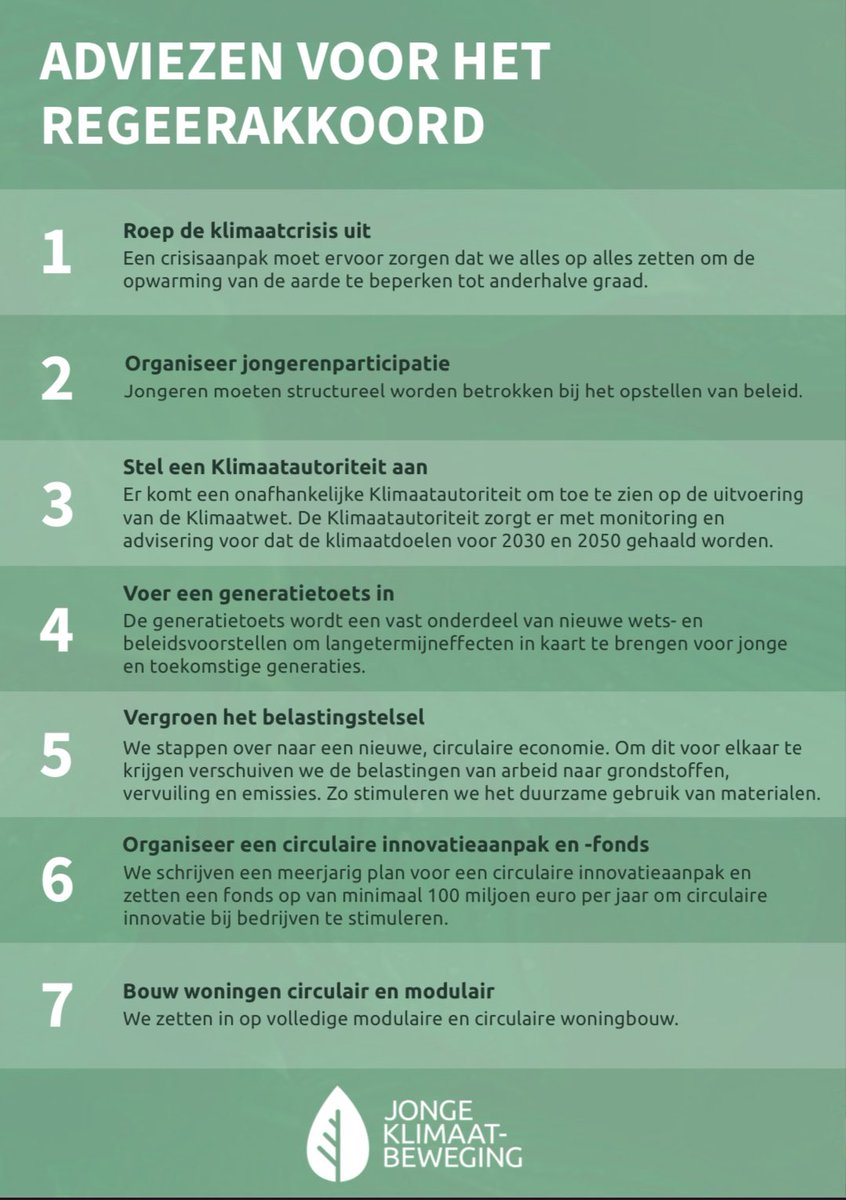 Vandaag overhandigen we namens de Jonge Klimaatbeweging (<a href="/JKBonline/">Jonge Klimaatbeweging</a>) in Den Haag ons zevenpuntenplan voor het regeerakkoord aan Tweede Kamerleden. Zeven adviezen om het regeerakkoord écht toekomstbestendig te maken. Je leest ze hier: