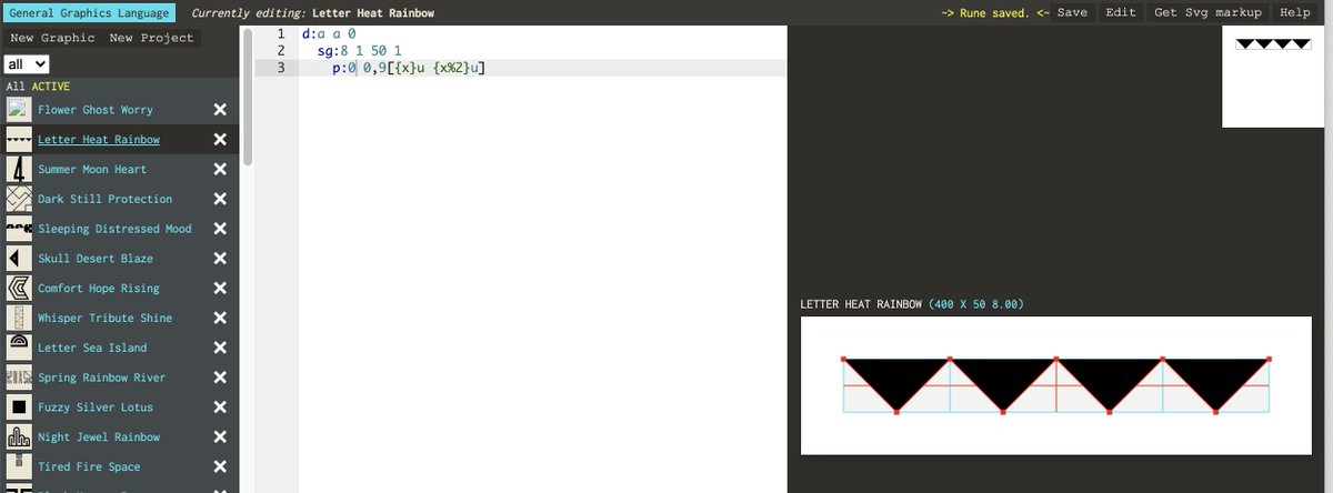 artformachine's tweet photo. @Crizyal159 It's my own custom one for doing graphics stuff, I called it `General Graphics Language` eg.
d: a a 0 
= document with auto size width and height based on content and no bleed
sq: 8 1 50 1 
= square grid with 8 xunits, 1 yunit, 50px unit size 1 subdivision https://t.co/bO1xzTnGLn