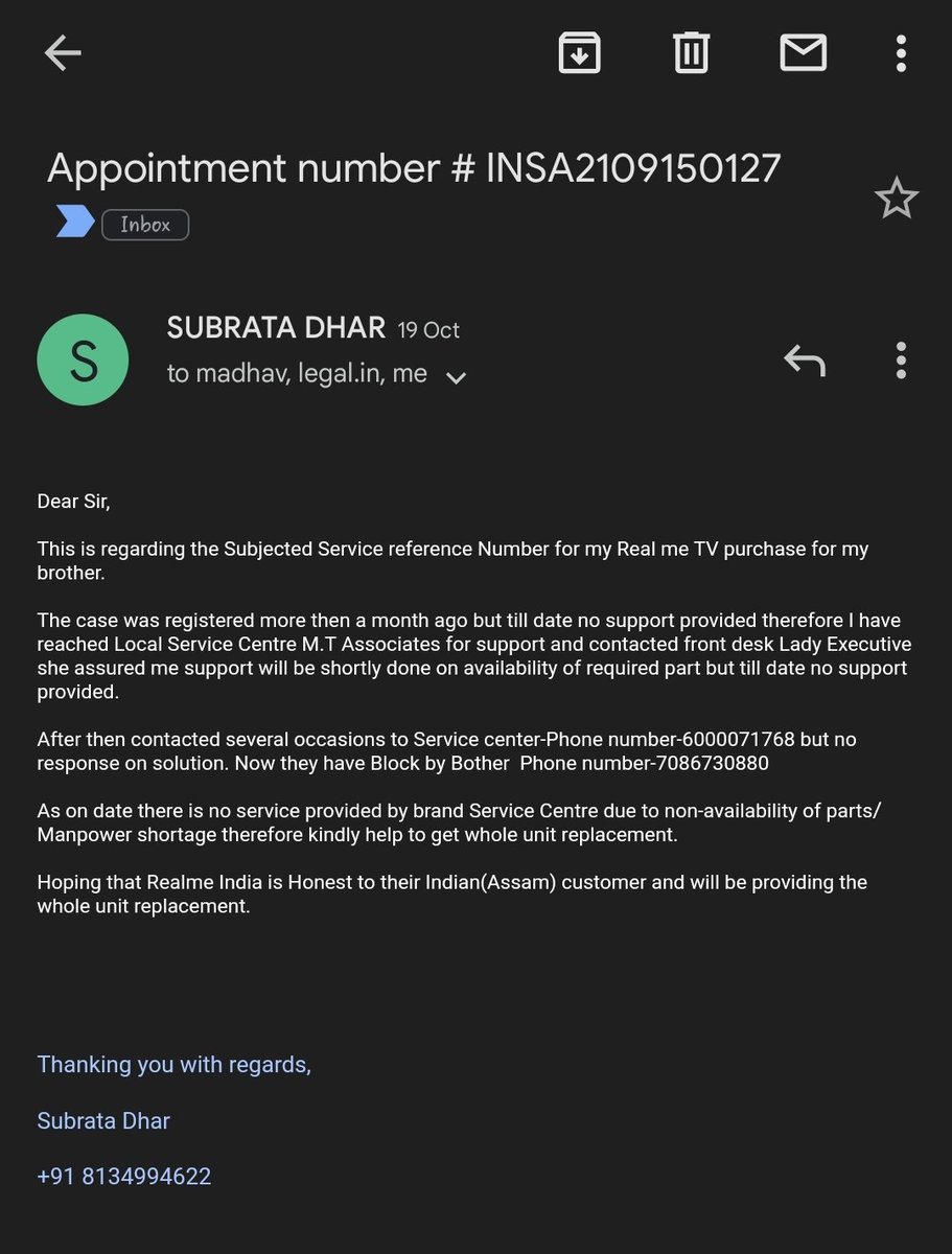 bhargab_exe's tweet photo. @realmeIndia @MadhavSheth1 @realmecareIN
(1) I had given a complaint in 15Sep2021 of my faulty display,due to which the service center of Guwahati,M.T Associates called me and told me that they've ordered the display. Appointment number- IN-SA2109150127. https://t.co/4dxmeR1oTl