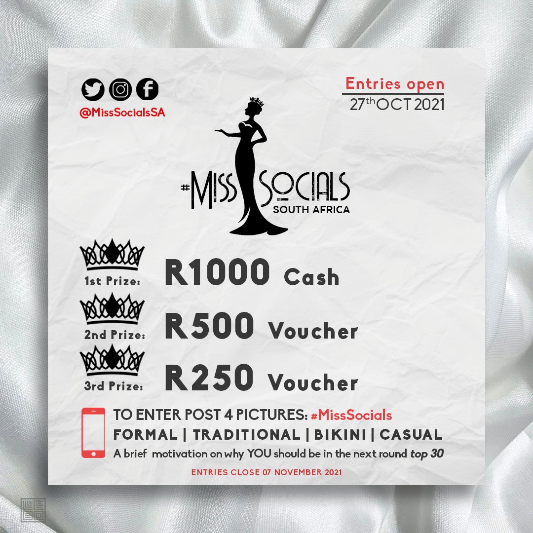 📸Entries to #MissSocialsSA officially open! The search could end with you. Good luck! For more info follow <a href="/MissSocialsSA/">Miss Socials SA</a>