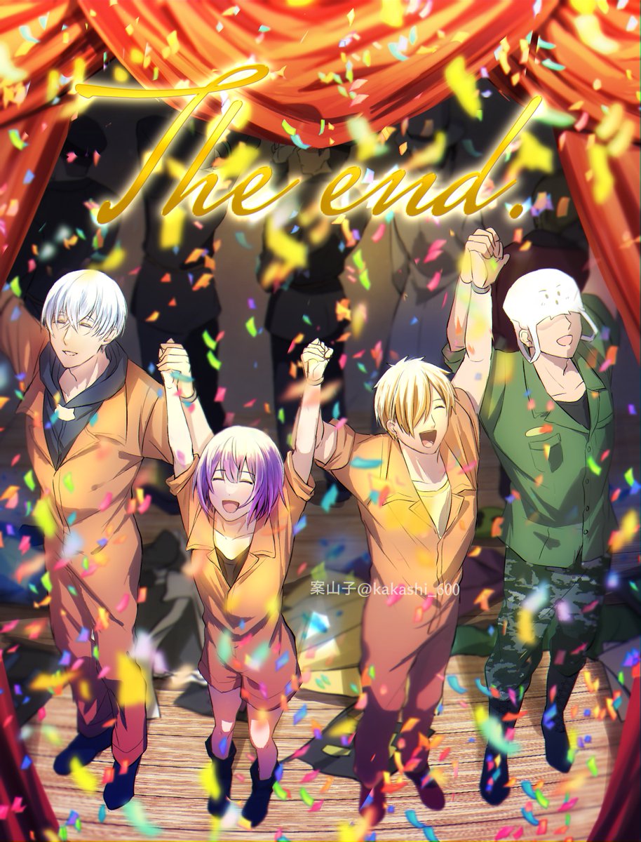 multiple boys jumpsuit confetti closed eyes smile purple hair blonde hair  illustration images