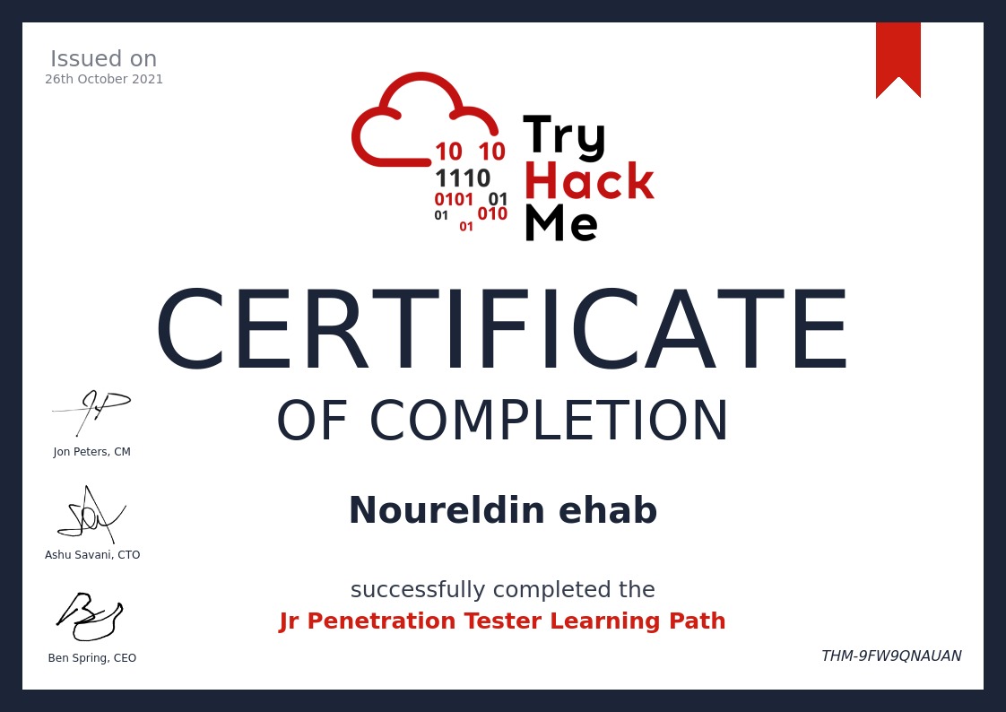 Nouureldin_Ehab's tweet photo. Finally finished the "Junior Penetration Tester Learning Path" on TryHackMe! This was a lot of fun and I enjoyed it because all rooms were really good and informative. It covers all the topics from the perspective of #pentesting

#tryhackme  #jrpenetrationtester #cybersecurity https://t.co/ESQG8J6SY0