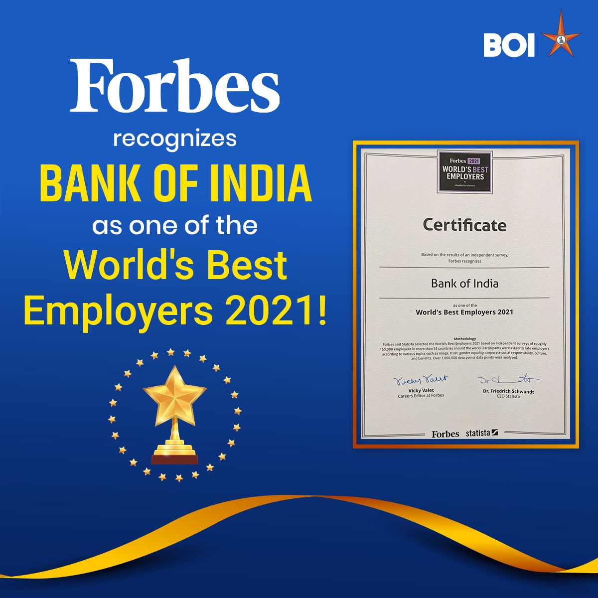 Bank of India is proud to be recognised as one of the World's Best Employers 2021 by <a href="/Forbes/">Forbes</a>. Our values and workplace ethics have contributed immensely towards this achievement at the Global-level! #Forbes #WorldsBestEmployers2021 #RelationshipBeyondBanking