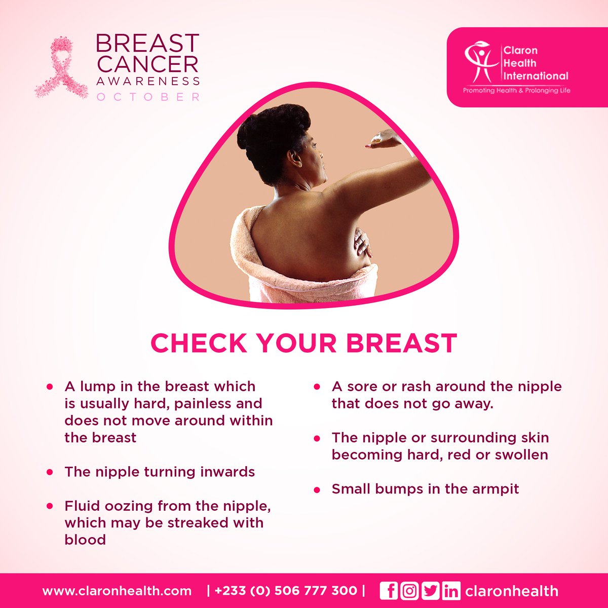 claronhealth's tweet photo. Routine breast checks are ideal for early detection.
Early detection is the key to surviving #breastcancer.
Come and screen with your friends and family.
#claronhealth
#claronDoc
#claroncares
#pinkoctober🎀
#breastcancerawareness
#TouchThem
#ClaronPinkOctober
#Wecare https://t.co/Boswwmfqp0