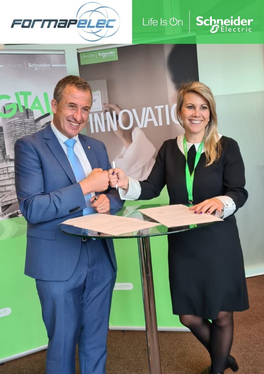 Partenariat fort avec Schneider Electric pour Formapelec dans le développement de ses formations IRVE.

Le 22/10/21 --> signature d'un accord de partenariat entre Henri PEREZ - DG de Formapelec et Caroline GATTINO– Directrice de la mobilité électrique France à Schneider Electric.