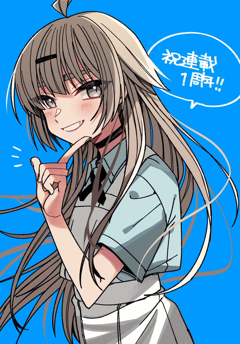 solo 1girl long hair smile blue shirt blue background looking at viewer  illustration images