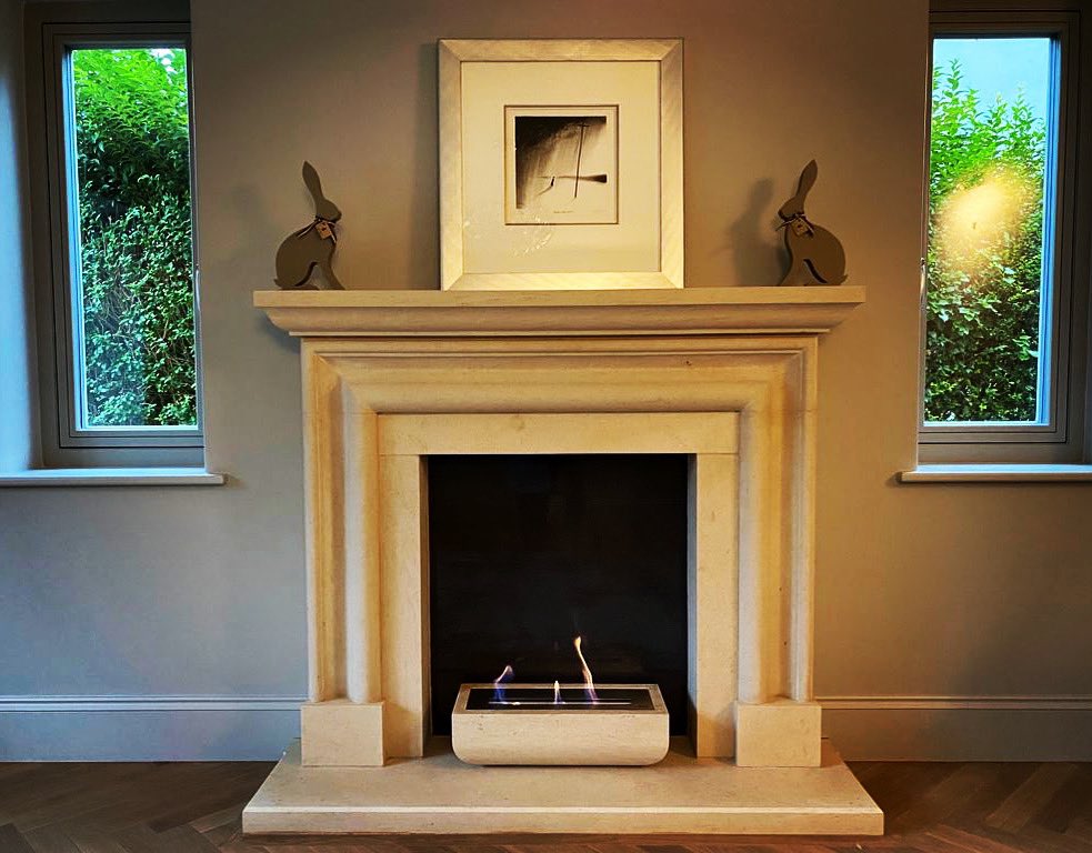A bioethanol burner we carved in our Rutland workshop, and an Ancaster stone fire surround. Both fitted in a house in #oundle