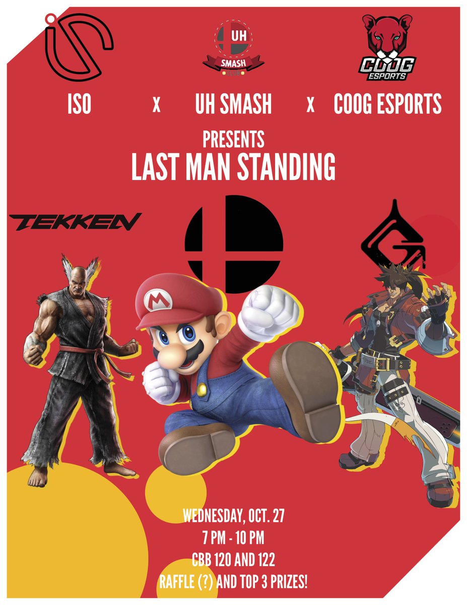 🥊 Partnered with Coog Esports and ISO, we present 'Last Man Standing', our tournament series featuring Guilty Gear, Tekken 7, and Smash Ultimate!

😮Prizing for TOP 3 includes a raffle for Twitch "swag" because this event is Powered by <a href="/TwitchStudent/">Twitch Student</a>!
forms.gle/2cqV48pF8LxaUW…