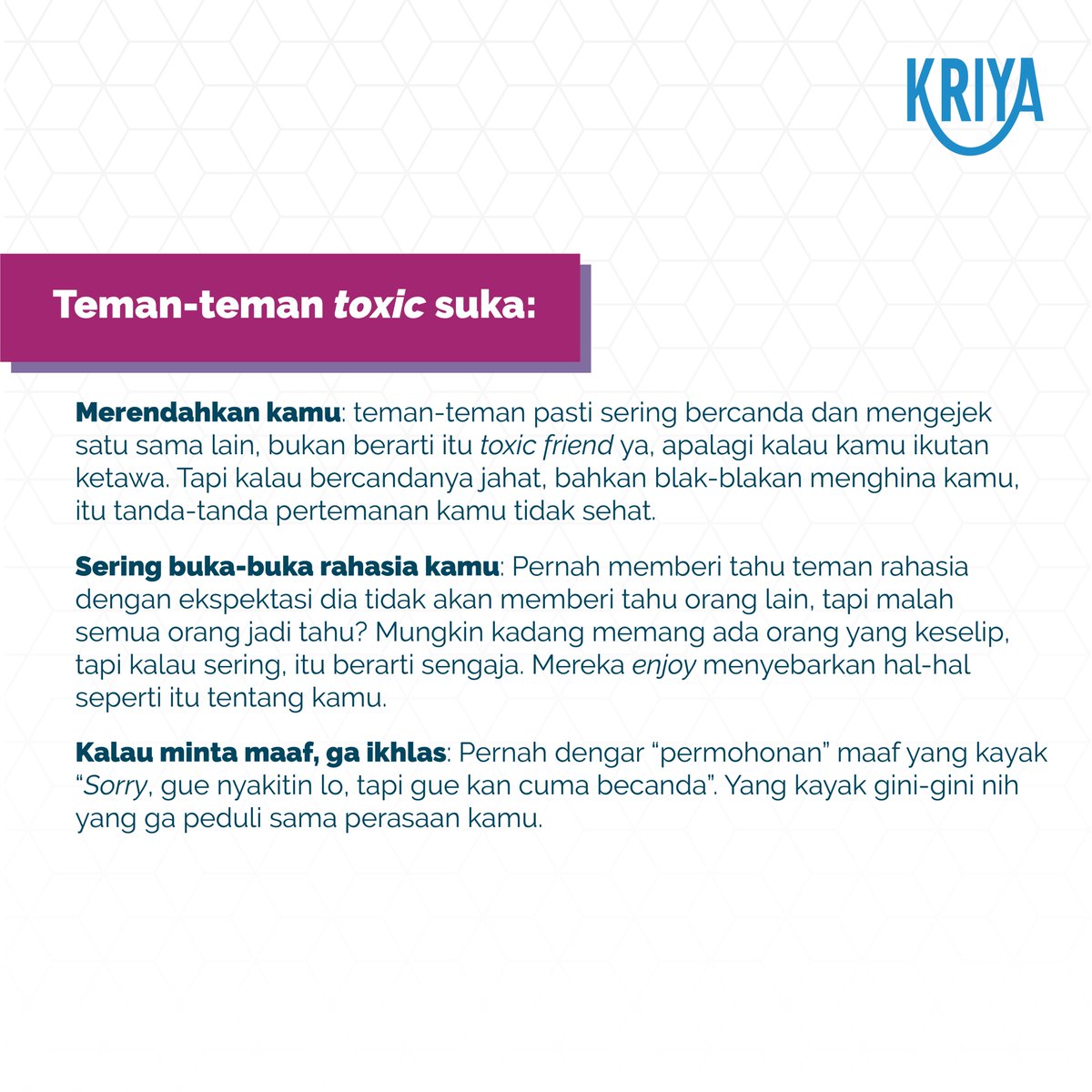 KriyaPeople's tweet photo. Punya teman-teman yg bikin kamu merasa lebih buruk tentang diri sendiri?  Mungkin teman kamu toxic. 
Baca postingan ini untuk mencari tahu tanda-tanda teman yg toxic. Semoga membantu.

https://t.co/FUoN7Tu8qu

#toxic #friendship #temantoxic #toxicfriendship #toxicpeople #life https://t.co/jSsMNZpfFY