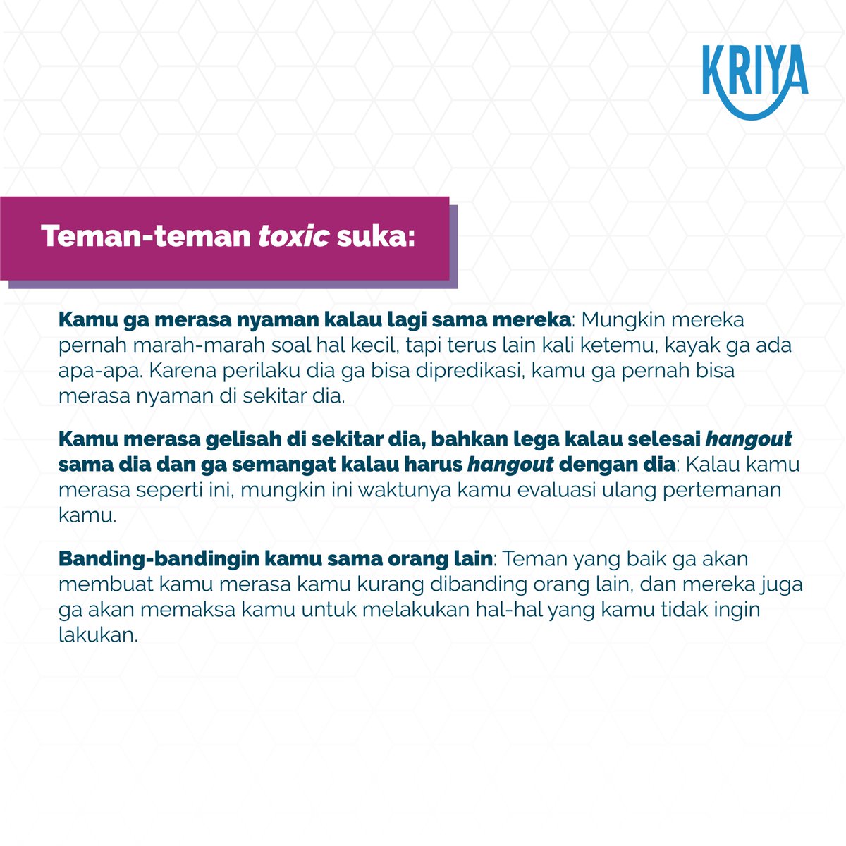 KriyaPeople's tweet photo. Punya teman-teman yg bikin kamu merasa lebih buruk tentang diri sendiri?  Mungkin teman kamu toxic. 
Baca postingan ini untuk mencari tahu tanda-tanda teman yg toxic. Semoga membantu.

https://t.co/FUoN7Tu8qu

#toxic #friendship #temantoxic #toxicfriendship #toxicpeople #life https://t.co/jSsMNZpfFY