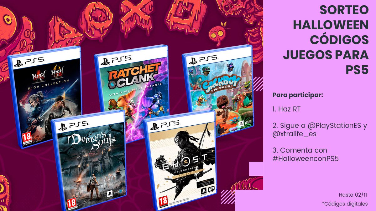 Sácale el máximo partido a este #Halloween con este #SORTEO de 5 códigos de juegos para #PS5👻

Para participar:

🔁Haz RT
➡️Sigue a <a href="/PlayStationES/">PlayStation España</a> y <a href="/xtralife_es/">xtralife</a>
🗨️Comenta con #HalloweenconPS5

🍀Suerte🍀

Hasta 02/11